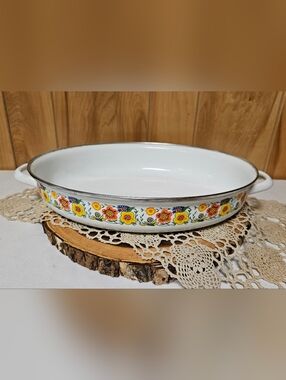 Vintage MCM 70s Enamelware Oval Roasting Pan Wild Flower Pattern 15"